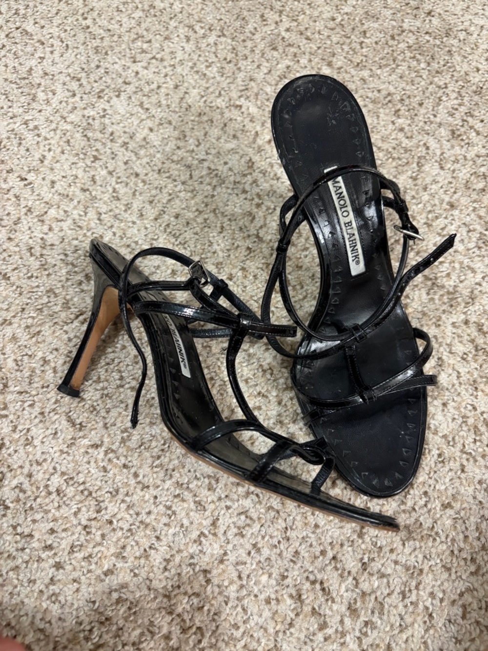 Manolo Blahnik Black Patent Strappy Stiletto Sandals
Size 39 
Fit 7.5